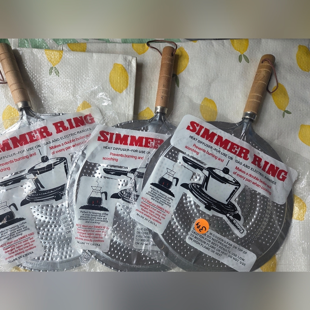 3 New Simmer ring Heat Diffuser with Wooden Handle - Silver